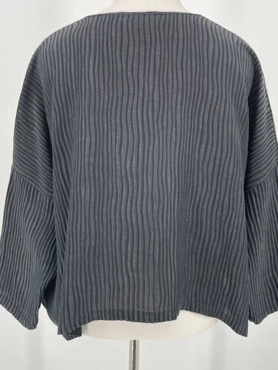 Planet by Lauren G 50% Linen 50% Silk Black Ribbed Boxy Top OS - Picture 3 of 7